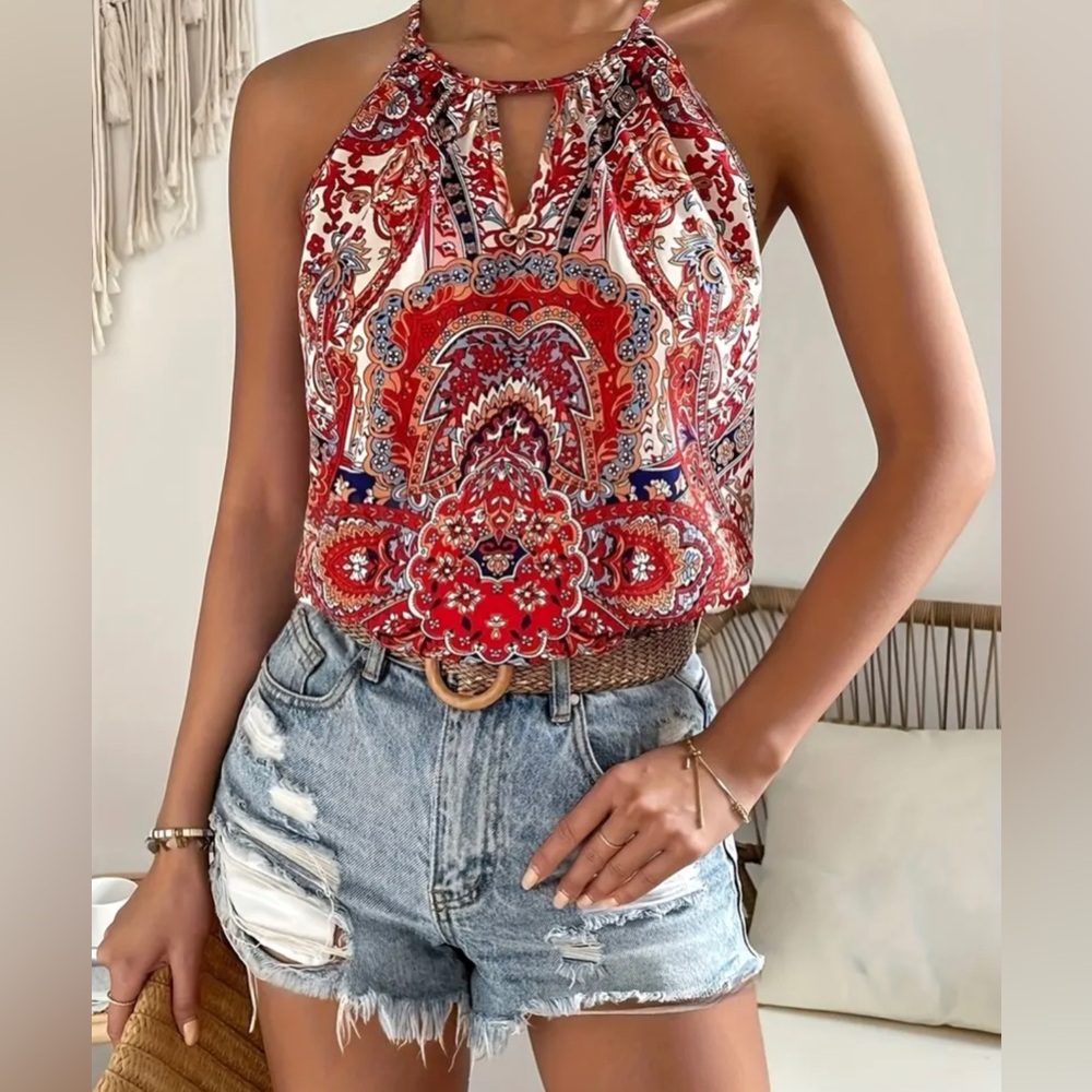 Boho Graphic Print Halter Neck Tank Top, YOUNG Ruched Bust Sleeveless Tank Top - Picture 2 of 3